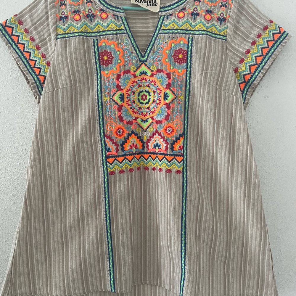 Savanna Jane Beige Tunic with Bright Multicolor Embroidery